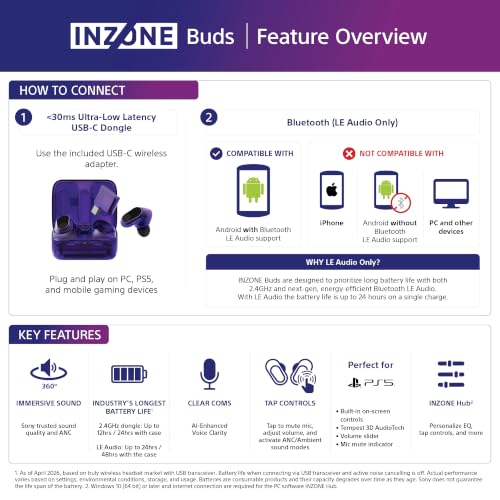 Sony INZONE Buds Wireless Noise Cancelling Gaming Earbuds, Glass Purple - color: Glass Purple