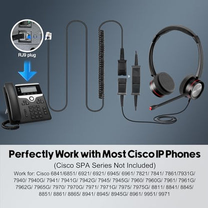 MKJ RJ9 Telephone Headset with Microphone Noise Canceling for Cisco Phone | Corded Dual Ear Call Center Headphone Compatible with Cisco Phone 7821 7841 7941G 7942G 7945G 7960G 7975G 8841 8865 9975