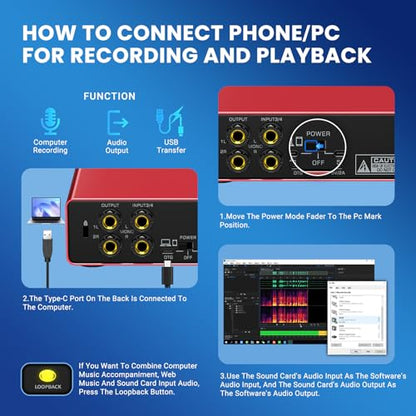 USB Audio Interface,4-In 2-Out Audio Interface with 48V Phantom Power 24-bit/192kHz, Dual TS/XLR Inputs Plug & Play for Recording, Podcasting, Streaming, Guitar, Vocalist