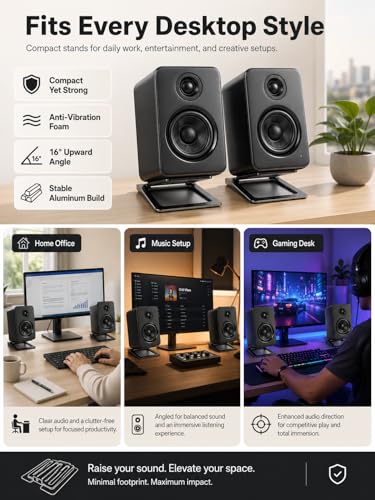 U-Z2 【2PACK】 Desktop Speaker Stands Pair for Small Speakers, Tilted Steel Tabletop Stands with Foam Padding, Fits Compact Studio Monitors, Computer Speakers (A/Black) - color: A/Black