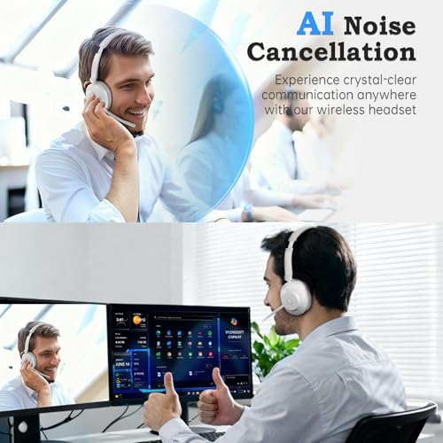 Bluetooth Wireless Headset with Mic for Work, Advanced Noise Reduction Microphone, Clear Calls - Comfortable On-Ear Headphones, Bluetooth 5.3, Applicable to Laptop, PC, Zoom, Office(White) - color: White