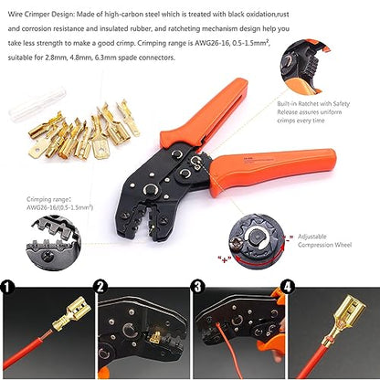 Twidec/640Pcs 2.8/4.8/6.3mm Quick Splice Male and Female Wire Spade Connector Crimp Terminal Golden Kit with Wire Terminal Crimping Pliers Tools 26-16AMG for Electrical Wiring Car Audio Speaker - color: Gold 640PCS+SN-48B