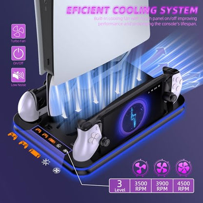 PS5 Pro/Slim/PS5 Stand and Cooling Station with RGB Lighting,Charging Station for PlayStation Portal & P5 Controller, PS Portal Charger,Headset and Remote Holders (Black) - color: Black