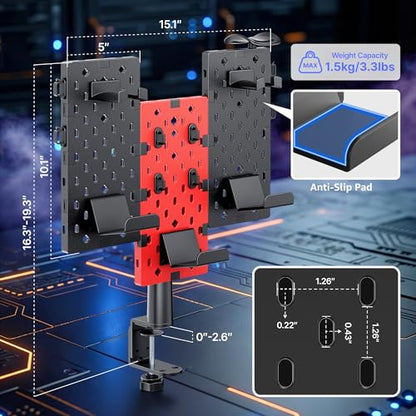 PEGZONE Modular Headphone and Controller Holder for Game, Clamp-on Pegboard, Rotatable Controller Stand with Cable Hooks, Gaming Accessory for Xbox PS5 PS4 Nintendo Switch, 3Pcs Pegboard, Red | Modular Desk Controller Stand with Cable Hooks - color: Red,