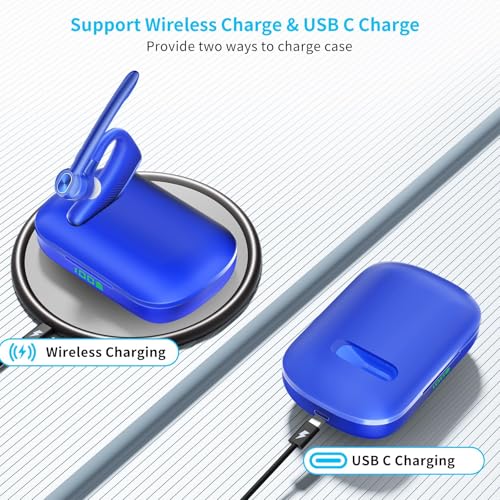 Bluetooth Headset Wireless Earpiece Single Ear Headset with Microphone | 180H Playtime 1000mAh Charging Case Wireless Charging LED Display Handsfree for iPhone Android PC Computer Trucker Drivers - color: Blue