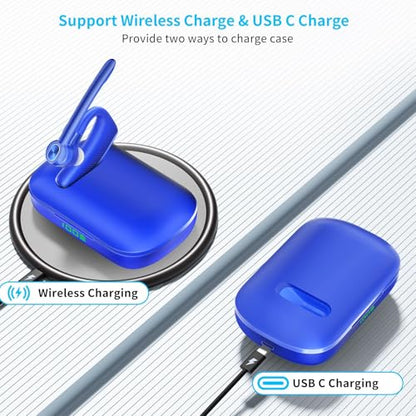 Bluetooth Headset Wireless Earpiece Single Ear Headset with Microphone | 180H Playtime 1000mAh Charging Case Wireless Charging LED Display Handsfree for iPhone Android PC Computer Trucker Drivers - color: Blue