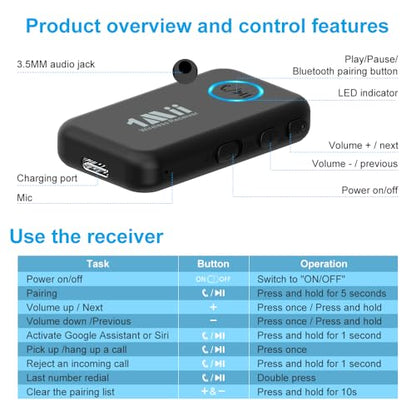1Mii Bluetooth 5.3 Receiver for Car, AUX Bluetooth Car Adapter | Wireless Audio Receiver for Home Stereo/Wired Headphones, Volume Control, Hands Free Calls, 16H Battery Life - style: ML100 (Standard)