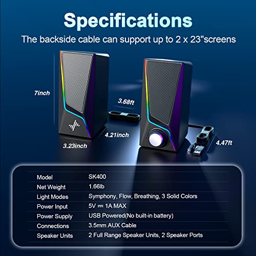 Nylavee Computer Speakers for Desktop, PC Speakers with 6 Lighting Modes | USB Powered with 3.5mm AUX, Dual Speaker Units and 2 Bass-Boost Ports for PCs, Laptops and Monitors