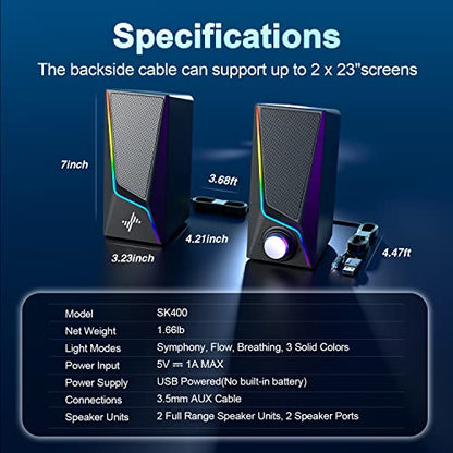 Nylavee Computer Speakers for Desktop, PC Speakers with 6 Lighting Modes | USB Powered with 3.5mm AUX, Dual Speaker Units and 2 Bass-Boost Ports for PCs, Laptops and Monitors