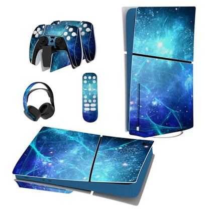 PlayVital Full Set Skin Sticker for ps5 Slim Console Disc Edition (The New Smaller Design), Vinyl Skin Decal Cover for ps5 Controller & Headset & Charging Station & Media Remote - Blue Nebula - color: Blue Nebula