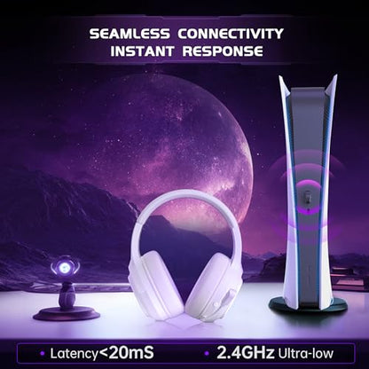 AOC Wireless Gaming Headset for PS5, PS4,PC, 2.4GHz Gaming Headphones | Bluetooth 5.3, 360° Noise Cancelling Mic, 20ms Low-Latency, 50+Hr Battery, 53mm Speaker, 3D Surround Sound, Type-C- White
