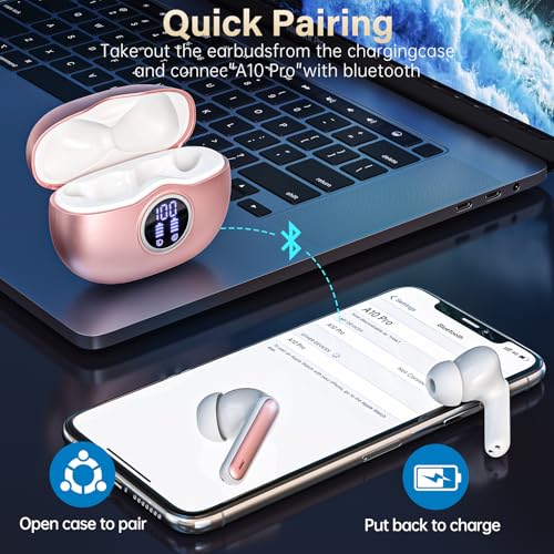 Wireless Earbuds, Bluetooth 5.3 Headphones HiFi Stereo 50H Playback LED Digital Display Ear Buds with ENC Noise Canceling Headset, IPX7 Waterproof Earphones for Gym/Running/Work（Rose Gold） - color: Rose Gold