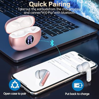 Wireless Earbuds, Bluetooth 5.3 Headphones HiFi Stereo 50H Playback LED Digital Display Ear Buds with ENC Noise Canceling Headset, IPX7 Waterproof Earphones for Gym/Running/Work（Rose Gold） - color: Rose Gold