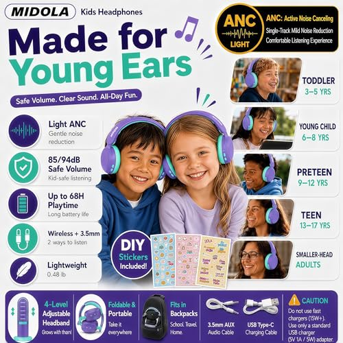 MIDOLA Kids Bluetooth Headphones Wireless,ANC,68H,Safe Volume Limit 85/94dB | Active Noise Cancelling,Adjustable Headband Foldable Over-Ear for Toddler Girls Boys Tablet/iPad,HD Stereo,Built Mic,Purple - color: Purple