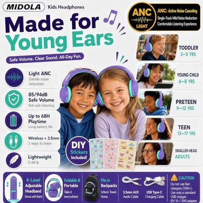 MIDOLA Kids Bluetooth Headphones Wireless,ANC,68H,Safe Volume Limit 85/94dB | Active Noise Cancelling,Adjustable Headband Foldable Over-Ear for Toddler Girls Boys Tablet/iPad,HD Stereo,Built Mic,Purple - color: Purple