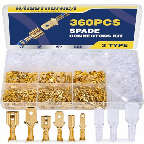 haisstronica 360 PCS Brass Open Barrel Spade Connector, 3 Widths | Dual-Crimp Wings for Wire and Insulation Grip, 2.8/4.8/6.3mm, Auto, Trailer and Marine Wiring, Speaker Wire Connectors - size: 360