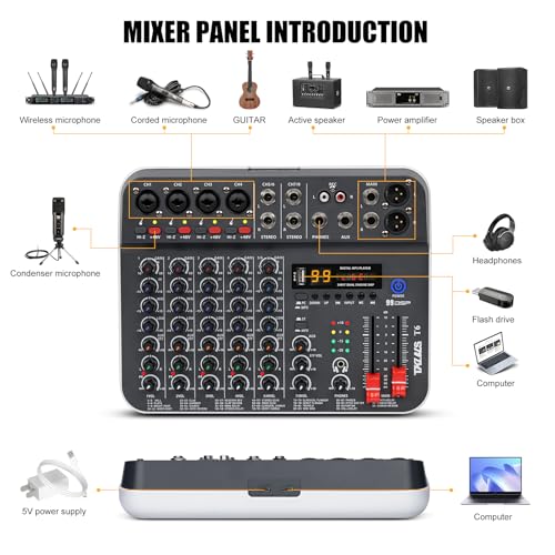 Audio Mixer, TKLBLS Studio Audio Sound Mixer Board, 6 Channel Unpowered Recording Mixers w/USB Audio Interface, DJ Mixer with 48V Phantom Power for KTV, Live Shows, Streaming, Conferences