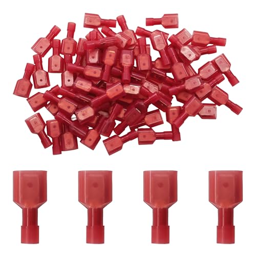 100Pcs Red Male Spade Connectors 22-16 AWG, Nylon Insulated Quick Disconnect Terminals, Tinned Copper Crimp Wire Connectors for Automotive, Speaker, Electronics - size: 22-16 AWG
