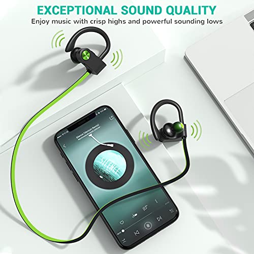 Fitniv Bluetooth Headphones, IPX7 Waterproof Wireless Sport Earbuds in-Ear, HiFi Bass Stereo Running Headphones with Noise Canceling Mic for Workout Fitness Gym, Up to 10 Hours Playtime, GreenBlack