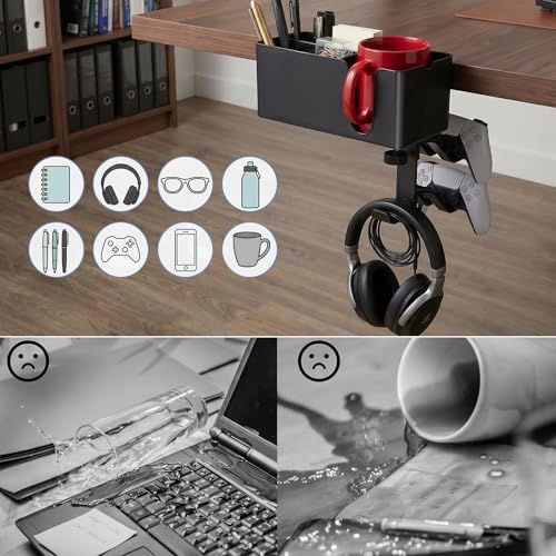 5 in 1 Desk Cup Holder Clamp, Detachable Pencil Holder | with Rotating Headphone Hanger & Controller Holder, Desk Organizer for Cup, Pen, Phone, Gaming Office Desk Accessories - color: With Two Controller Holders