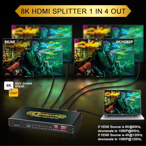 CORSAHD 8K@60Hz 4K@120Hz HDMI2.1 Splitter 1 in 4 Out with Audio Extractor,HDCP2.3,Supports SPDIF 5.1Ch,VRR,ALLM,HDCP Bypass,EDID,Duplicate,Downscale,HDR,Dolby Vision Atmos,Soundbar,Capture Card