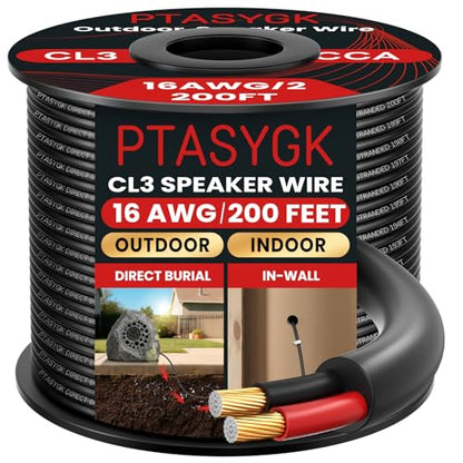 16 Gauge Outdoor Speaker Wire 200ft CL3 Direct Burial CCA Cable | CL2 Rated, 2 Conductor Stranded Core, UV and Weather Resistant, No Conduit Needed Underground, Garden Patio Pool Audio - size: 200FT, style: 16GAUGE