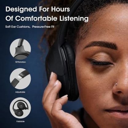 DOQAUS Bluetooth Headphones Over Ear, 9 EQ Modes & App Control | HiFi Stereo Sound, 70H Playtime, Memory Foam Earpads with ENC Microphone, Wireless Headphones for Travel, Work, Phone & PC - color: Black