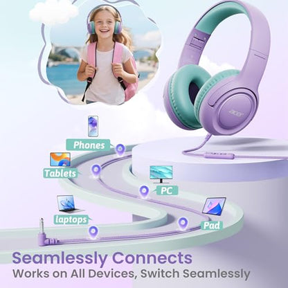 Acer 2‑Pack Kids Headphones for School, 3.5mm Jack, w/Mic HK03‑2P | 85-94dB Limiter, Foldable Wired Over Ear Headphones, for Toddler School/Tablet/iPad/PC/Travel - color: Purple Green & Pink Purple