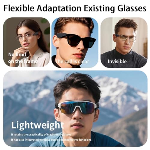 Glasses Headphones Clip-on Wireless Open-Ear Speakers for Any Eyewear with HD Stereo 8H Battery & Touch Control – Invisible Audio Upgrade for Work, Sports & Driving Black