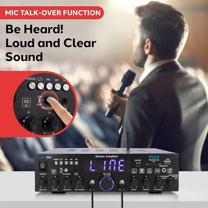 Wireless Bluetooth Home Stereo Amplifier - Multi-Channel 200W Power Amplifier Home Audio Receiver System w/Optical/Phono/Coaxial, FM Radio, USB/SD,AUX,RCA, Mic in - Antenna, Remote - Pyle PDA4BU - color: Deep Black