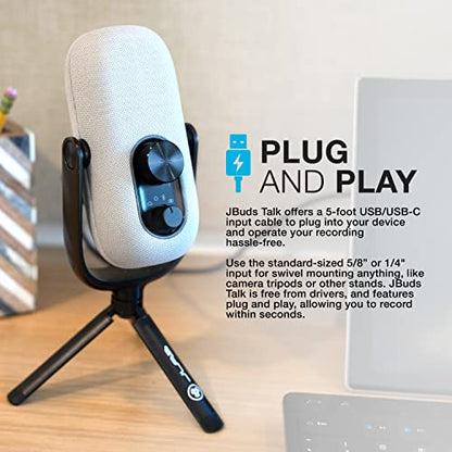 JLab JBuds Talk USB-C Microphone with Cardioid, Omni, Stereo, bi-Directional Modes, gain and Mute Controls, 3.5mm aux, White - color: White