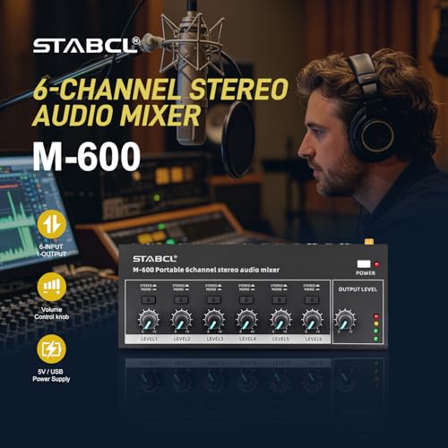 Mini 6-Channel Audio Mixer with 6 input 6.35mm&3.5mm Jack, Stereo Line Mixer for Sub-Mixing, Multi-Input (Mic/Guitar/Keyboard/Bass), Powered by 5V DC