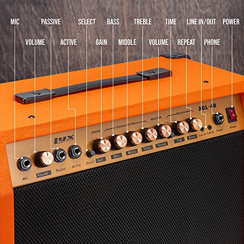 LyxPro 40 Watt Electric Guitar Amplifier | Solid State Studio Amp with 8” 4-Ohm Speaker, Custom EQ Controls, Drive, Delay, ¼” Passive/Active/Microphone Inputs, Aux in & Headphone Jack - Sunburst - color: Sunburst, size: 40 Watt