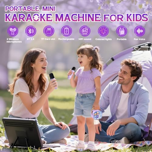 Mini Karaoke Machine for Kids with LED Lights & Fun Voice Effects | Portable Bluetooth Speaker with 2 Wireless Mics,Girls Birthday Gifts Toys for Ages 3-12 Years Old,Family Party Singing & Play - color: Purple