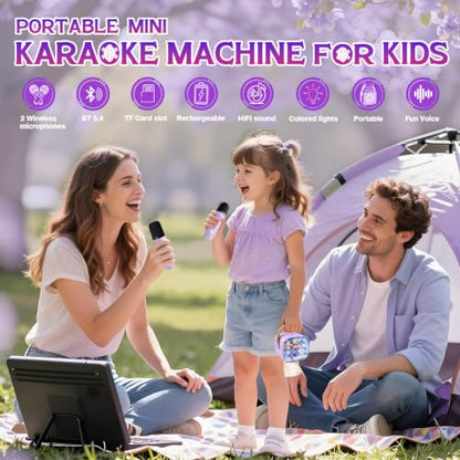 Mini Karaoke Machine for Kids with LED Lights & Fun Voice Effects | Portable Bluetooth Speaker with 2 Wireless Mics,Girls Birthday Gifts Toys for Ages 3-12 Years Old,Family Party Singing & Play - color: Purple