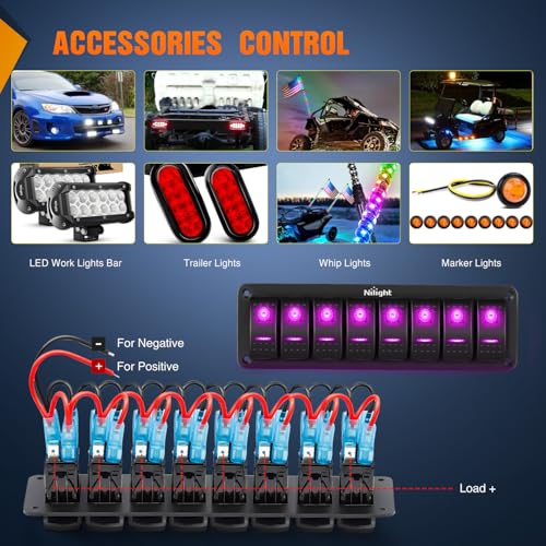 Nilight 8 Gang Rocker Switch Panel w/Purple LED Light 5Pin On Off Pre-Wired | Aluminum Toggle Switches Waterproof for 12V/24V Cars Marine Boats ATVs Trailers RV Trucks - color: Purple, size: 8 Gang
