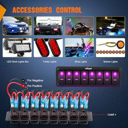 Nilight 8 Gang Rocker Switch Panel w/Purple LED Light 5Pin On Off Pre-Wired | Aluminum Toggle Switches Waterproof for 12V/24V Cars Marine Boats ATVs Trailers RV Trucks - color: Purple, size: 8 Gang