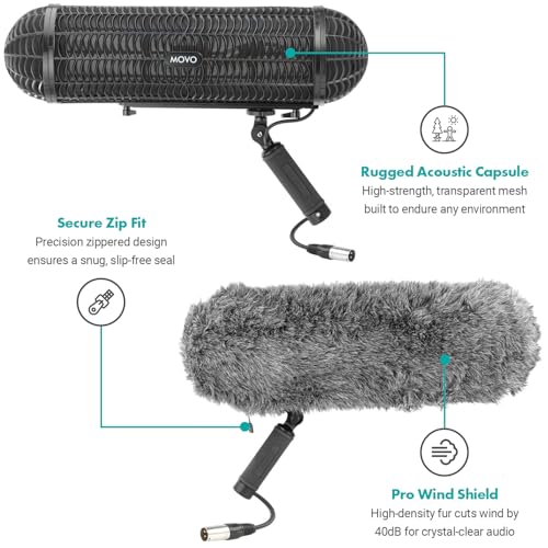 Movo Boom Mic Kit for Filmmaking – Supercardioid Shotgun Microphone, 9.8ft Boom Pole, Blimp Windscreen & Deadcat – Complete Location Sound Bundle