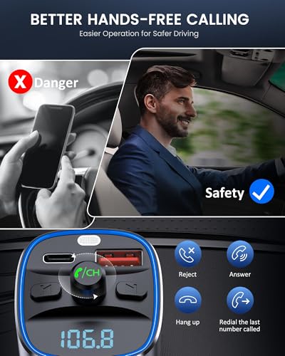 LENCENT Bluetooth 5.4 FM Transmitter Car Adapter 48W PD Fast Charging | PD 30W & 18W, 7 Color Light Wireless Radio Music Adapter Hands-Free Calling, Support USB Drive & TF Card - color: Colorful-48W