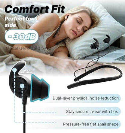 Hmusic HS88 Sleep Earbuds for Side Sleepers, 30dB Noise Isolation | Ultra-Thin Silicone, 12H Playtime with Sleep Timer, Secure Fit Neckband Headphones for Yoga, Travel, Audiobooks & Meditation - color: Black