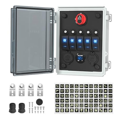 Joinfworld 12V Rocker Switch Box, 5 Gang Toggle Switch Panel | Waterproof, LED Lighted with Breaker, USB & PD Type C Charger, LED Voltmeter, For Marine Boat Automotive Car