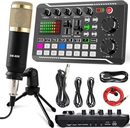 F998 Podcast Equipment Bundle, SINWE Condenser Microphone with Audio Mixer | BM-800 Mic with Tripod Stand and Live sound card for Studio Recording,Streaming, Singing, YouTube & Gaming