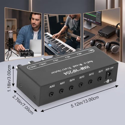 2 in 4 Out Stereo Mixer Distributor, 18 in Stereo Audio HiFi Audio Mixer, Independent Control, for PC Microphone Guitar Electronic Keyboard Speaker DC 5V to 19V.