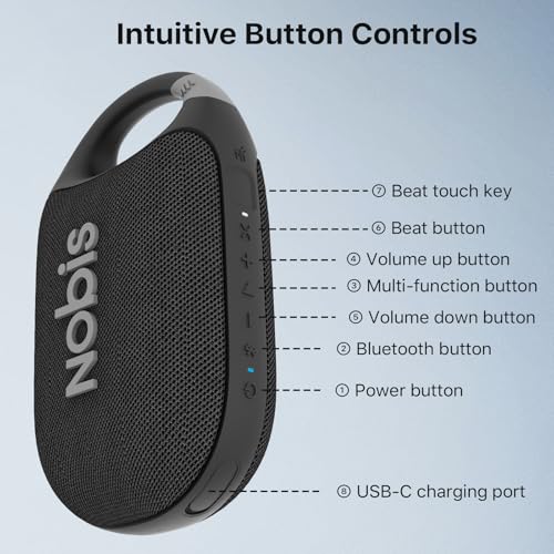 NOBIS Clip Portable Bluetooth Speaker, Up to 24H Playtime, IP68 Waterproof | BT 5.3, HD Sound & Custom EQ Via App, Wireless Stereo Pairing, Built-in Carabiner for Outdoor & Travel - color: Black