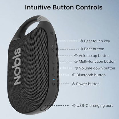 NOBIS Clip Portable Bluetooth Speaker, Up to 24H Playtime, IP68 Waterproof | BT 5.3, HD Sound & Custom EQ Via App, Wireless Stereo Pairing, Built-in Carabiner for Outdoor & Travel - color: Black