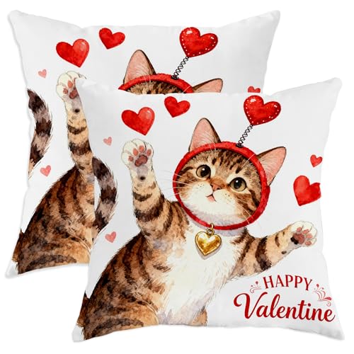 Cat Throw Pillow Covers Set of 2, Playful Fanciful Hearts Red Headband Valentine Red Soft Velvet Washable Accents Pillows Cases for Home Bedroom Living Room Sofa Couch Decor 18x18 Inch - size: 18" x 18" (Pack of 2)