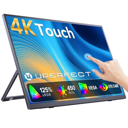 UPERFECT 4K Portable Monitor Touchscreen, 15.6” 125% sRGB Laptop Monitor | 3840*2160 UHD, 450 Nits Ultra-Slim Monitor, USB-C & MINI HDM, VESA & Stand, Travel Screen for Computer, PC, Game Consoles - size: 15.6"