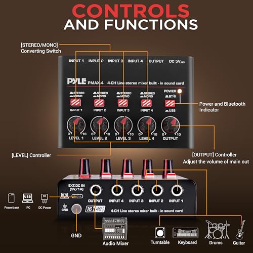 Pyle 4-Channel Bluetooth Mini Line Mixer with USB Audio Interface - 4 Mono/Stereo Switching Inputs | Ultra-low Noise Design with High Headroom | Built-in USB-C Sound Card - PMAX4 - size: 4 Channel