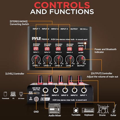 Pyle 4-Channel Bluetooth Mini Line Mixer with USB Audio Interface - 4 Mono/Stereo Switching Inputs | Ultra-low Noise Design with High Headroom | Built-in USB-C Sound Card - PMAX4 - size: 4 Channel