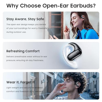 kurdene Open-Ear Headphones, Digital Display Wireless Earbuds Ear Hooks | Ultra-Comfort, Snug Fit, Powerful Sound, Clear Calls, 42H Playtime, Bluetooth 5.4 for Office, Outdoor Use-Black
